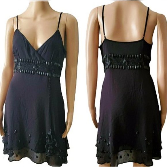 Bebe Women’s Sexy Black Beaded Mesh Surplice Cocktail Mini Dress Size Medium - Picture 3 of 16